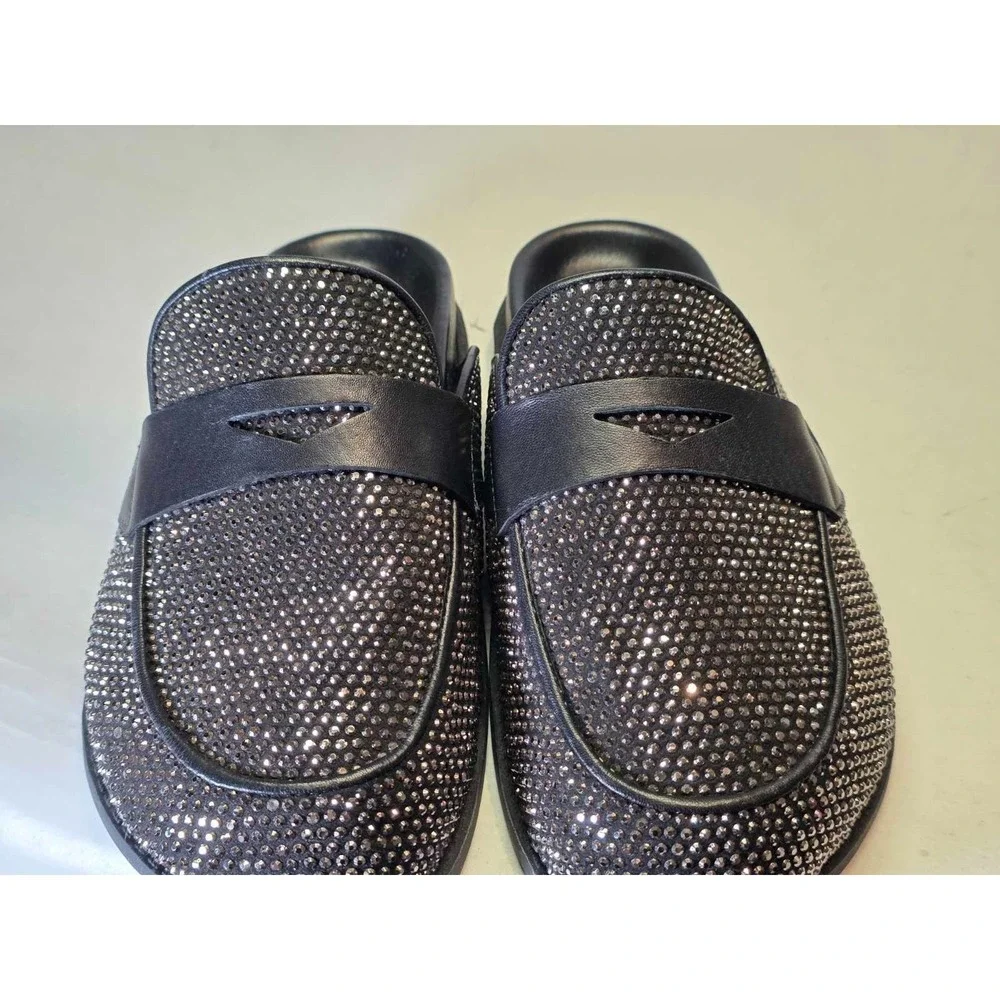 Schutz Ava Women's Shoes Size 7 B Black Leather Mule Metallic Slip‎ On Slides